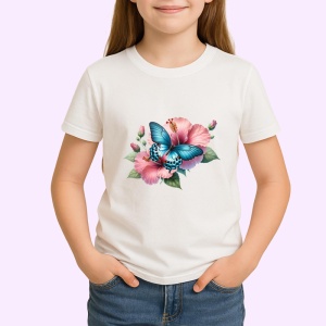 Tricou Fluture turcoaz pe hibiscus rosu compozitie tropicala Copii | Dama | Barbat Barbat - Img 4