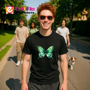 Tricou Fluture verde smarald cu efect de catifea pe fundal alb Copii | Dama | Barbat Barbat - Img 17