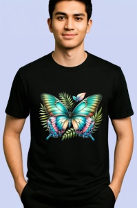 Tricou Fluture verde turcoaz pe fundal vegetal stil tropical Copii | Dama | Barbat Barbat - Img 5