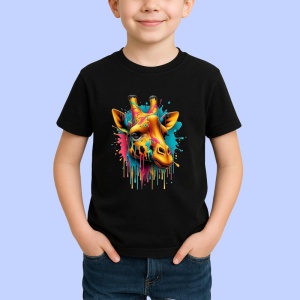 Tricou Girafa portocalie si albastra pop art exotic Copii | Dama | Barbat, culoare negru - Img 4
