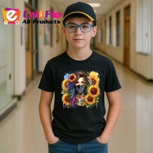 Tricou Girl bandana sunflower burst, fata cu bandana si floarea soarelui exploziva, Copii | Dama | Barbat , tricou negru - Img 5