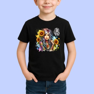 Tricou Girl colorful ink sunflower mix, fata cu tatuaje colorate si floarea soarelui, Copii | Dama | Barbat , tricou negru - Img 2