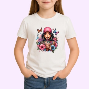 Tricou girl drinking iced coffee pink cap, fata band cafea rece si sapca roz, Copii | Dama | Barbat - Img 3