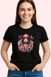 Tricou Girl drinking iced coffee pink cap, fata band cafea rece si sapca roz, Copii | Dama | Barbat , tricou negru - Img 3