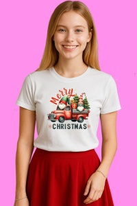 Tricou Gnomi Camion Rosu Merry Christmas Varianta 2, din bumbac 100%, tricou alb, Copii | Dama | Barbat - Img 3