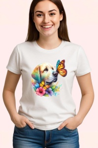 Tricou Golden Labrador cu fluturi portocalii si flori colorate ilustratie vesela Copii | Dama | Barbat Barbat - Img 3