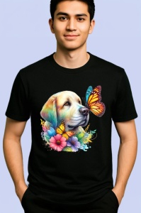 Tricou Golden Labrador cu fluturi portocalii si flori colorate ilustratie vesela Copii | Dama | Barbat Barbat - Img 4