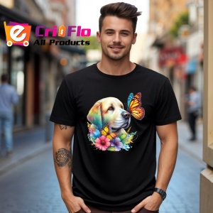 Tricou Golden Labrador cu fluturi portocalii si flori colorate ilustratie vesela Copii | Dama | Barbat Barbat - Img 17