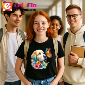 Tricou Golden Labrador cu fluturi portocalii si flori colorate ilustratie vesela Copii | Dama | Barbat Barbat - Img 23