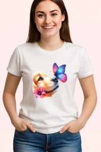 Tricou Golden Retriever cu fluture pe nas si fundal roz pastel Copii | Dama | Barbat Barbat - Img 3