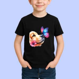 Tricou Golden Retriever cu fluture pe nas si fundal roz pastel Copii | Dama | Barbat Barbat - Img 5