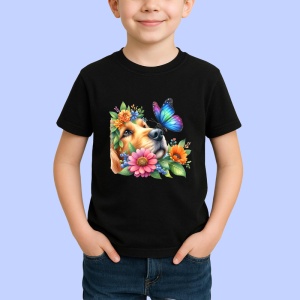 Tricou Golden Retriever printre flori si fluture violet atmosfera de vara Copii | Dama | Barbat Barbat - Img 5