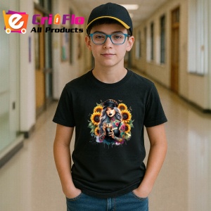 Tricou Gothic drink girl sunflowers cap, fata gotica cu bautura si sapca floarea soarelui, Copii | Dama | Barbat , tricou negru - Img 5