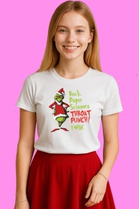 Tricou Grinch Christmas Rock Paper Scissor Throat Punch I Win, din bumbac 100%, tricou alb, Copii | Dama | Barbat