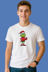 Tricou Grinch Cu Caciula Simpla Tinand Bombonica, din bumbac 100%, tricou alb, Copii | Dama | Barbat - Img 1