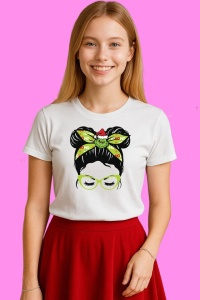 Tricou Grinch Headband Messy Bun Christmas, din bumbac 100%, tricou alb, Copii | Dama | Barbat - Img 3