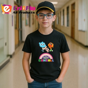 Tricou Gumball aventuri amuzante cu fratii waterson sub curcubeu, Copii | Dama | Barbat , tricou negru