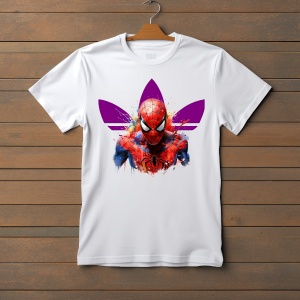 Tricou alb afișat pe un umeraș, decorat cu un design vibrant care încorporează un personaj popular(Spiderman) suprapus peste un logo reinterpretat în nuanțe de violet, cu un efect artistic de stropire în culori vii. Fundalul din lemn natural adaugă un con