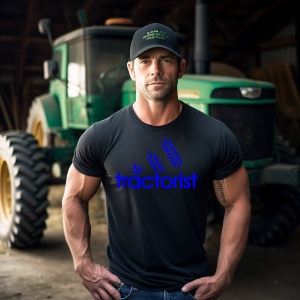 Un bărbat serios, îmbrăcat într-un tricou negru cu textul "tractorist" și grafică albastră reprezentând spice de grâu, stând în fața unui tractor verde într-un hambar. Poartă o șapcă neagră cu un text subtil, exprimând o imagine profesională și robustă.
