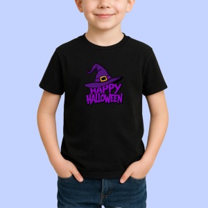 Tricou Happy Halloween Palarie Vrajitoare Mov V4, din bumbac 100%, tricou negru Copii | Dama | Barbat - Img 2