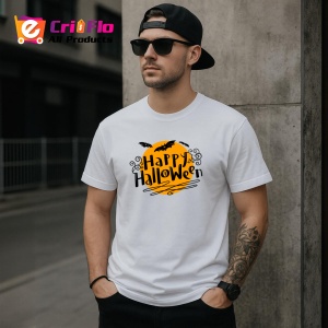 Tricou Happy Halloween Text Portocaliu, din bumbac 100%, tricou alb, Dama | Barbat