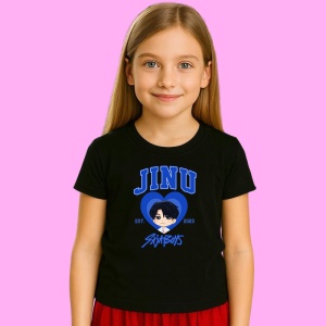 Tricou Huntrix K Pop Hunters Demon Jinu Portret Stil Inima Albastra, din bumbac 100%, tricou negru, Copii | Dama | Barbat