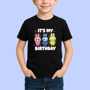 Tricou Labubu birthday trio, Unisex Dama si Barbat | Copii, Culoare Negru - Img 2