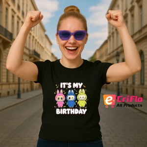 Tricou Labubu birthday trio, Unisex Dama si Barbat | Copii, Culoare Negru - Img 3