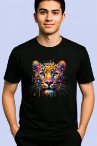 Tricou Leopard realist in culori vibrante fundal alb Copii | Dama | Barbat, culoare negru - Img 2