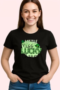 Tricou Little Miss Lucky Charm Text Verde Trifoi, din bumbac 100%, tricou negru Copii | Dama | Barbat