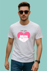 Tricou Love You Pisici Albe Inima Roz Fundal Alb, din bumbac 100% , tricou alb pentru Copii | Dama | Barbat - Img 3