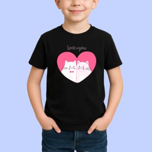 Tricou Love You Pisici Albe Inima Roz Fundal Alb, din bumbac 100%, tricou negru Copii | Dama | Barbat - Img 2