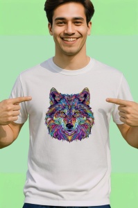 Tricou Lup artistic cu blana curcubeu si privire intensa Copii | Dama | Barbat - Img 2