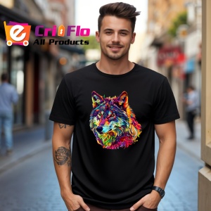 Tricou Lup colorat in stil pop art fundal alb Copii | Dama | Barbat, culoare negru - Img 6
