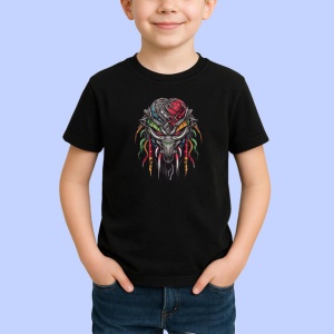 Tricou Masca Predator Gri Detalii Rosii Design V1, din bumbac 100%, tricou negru Copii | Dama | Barbat - Img 2