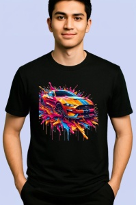 Tricou Masina de curse in miscare graffiti colorat Copii | Dama | Barbat, culoare negru - Img 2