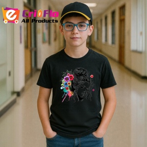 Tricou Messy bun girl color floral splash, fata coc lejer cu flori colorate, Copii | Dama | Barbat , tricou negru - Img 5