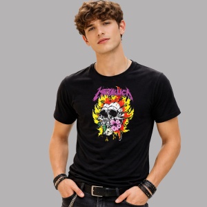 Tricou Metallica Craniu Flacari Si Flori, din bumbac 100%, tricou negru, Dama | Barbat - Img 2