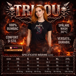 Tricou Metallica Schelet Cu Chitara, din bumbac 100%, tricou negru, Dama | Barbat - Img 5