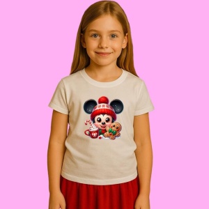 Tricou Mickey Christmas Chibi Cu Cana Si Biscuit, din bumbac 100%, tricou alb, Copii | Dama | Barbat - Img 2