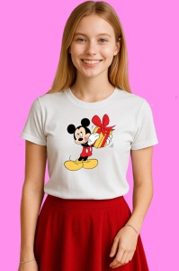 Tricou Mickey Cu Cadou Rosu, din bumbac 100% Copii | Dama | Barbat - Img 3