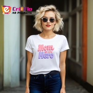 Tricou Mom My Hero Text Roz Cu Mov, din bumbac 100% , tricou alb pentru Dama - Img 3