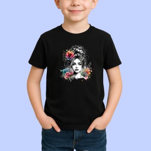 Tricou Monochrome bun girl tattooed flowers, fata coc alb negru cu flori tatuate, Copii | Dama | Barbat , tricou negru - Img 2