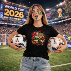 Tricou Morocco World Cup 2026 Fifa, din bumbac 100%, tricou negru, Copii | Dama | Barbat - Img 9