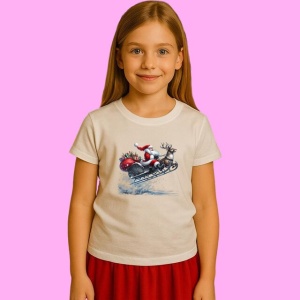 Tricou Mos Craciun Cu Sania Si Renul In Fuga, din bumbac 100%, tricou alb, Copii | Dama | Barbat - Img 2