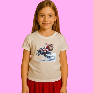 Tricou Mos Craciun Pe Snowmobil Cu Sacul De Cadouri, din bumbac 100%, tricou alb, Copii | Dama | Barbat