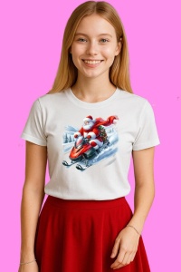 Tricou Mos Craciun Pe Snowmobil Rosu In Zapada, din bumbac 100%, tricou alb, Copii | Dama | Barbat - Img 3