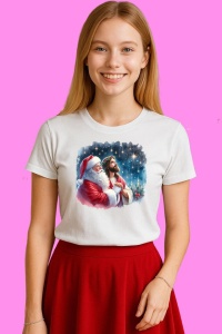 Tricou Mos Craciun Si Iisus Privind Cerul Noptii, din bumbac 100%, tricou alb, Copii | Dama | Barbat - Img 1