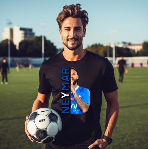 Tânăr purtând un tricou negru personalizat cu imaginea fotbalistului Neymar și text vertical albastru cu numele 'Neymar', ținând o minge de fotbal pe un teren de joc.
