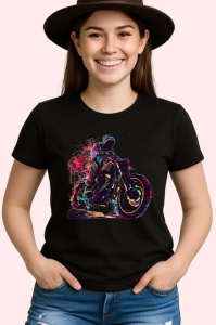 Tricou Motociclist cu vopsea stropita in fundal Copii | Dama | Barbat, culoare negru - Img 3